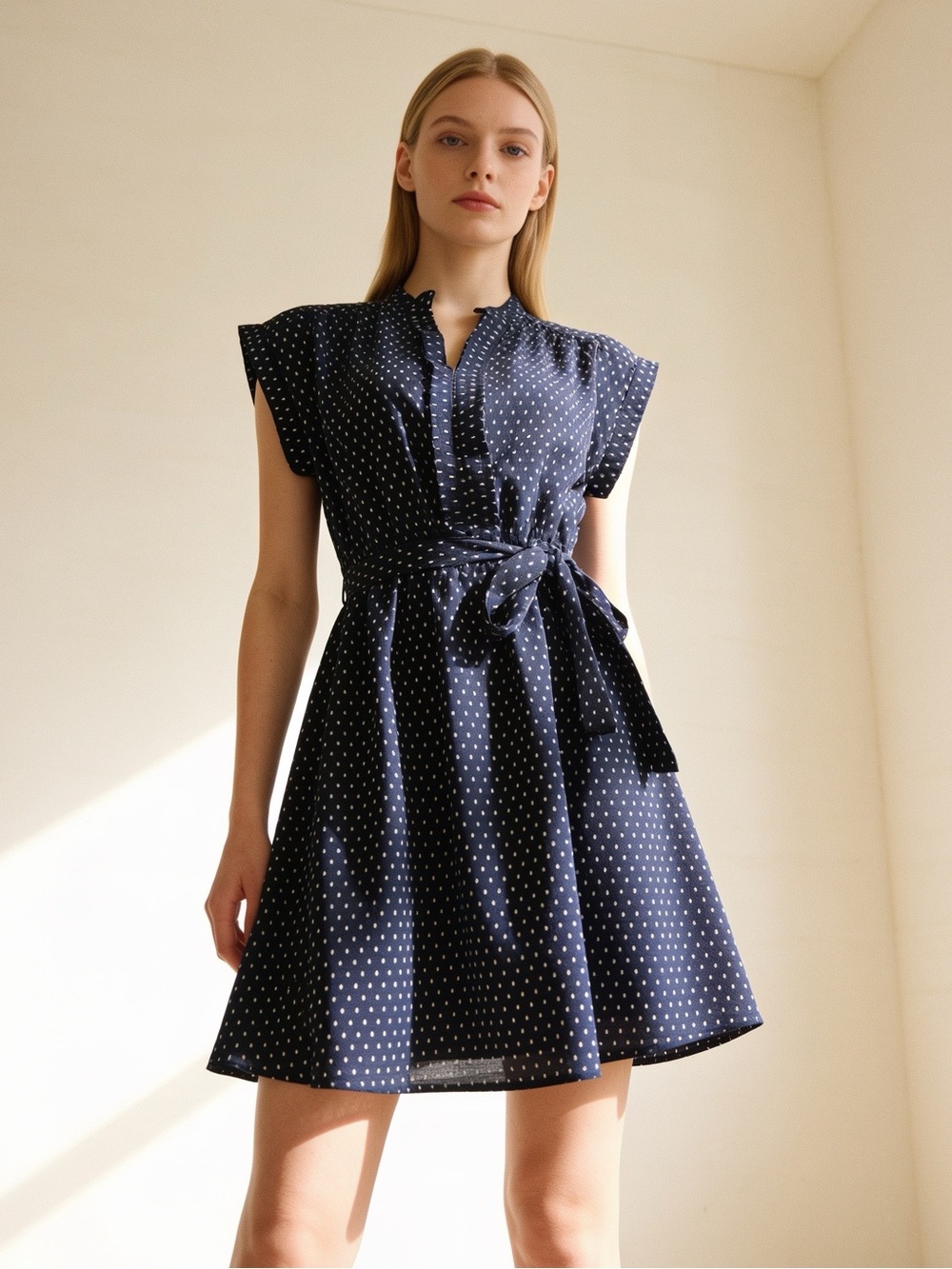 Monteau Los Angeles Navy Printed Tie Waist Mini Dress Flutter Sleeve S
